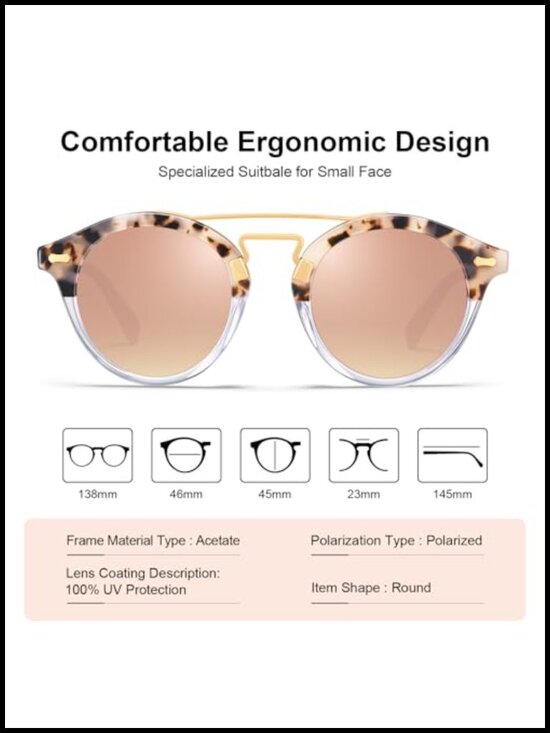 Small Face Acetate Double Bridge Polarized Sunglasses, Retro Metal Brow Eyewear